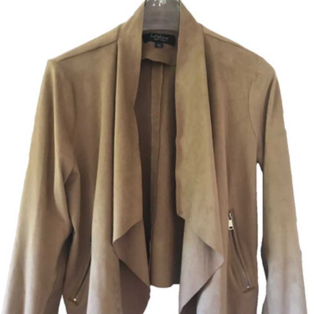 CoffeeShop Faux Suede Drape Open Jacket Zippered Pockets Beige Women Large